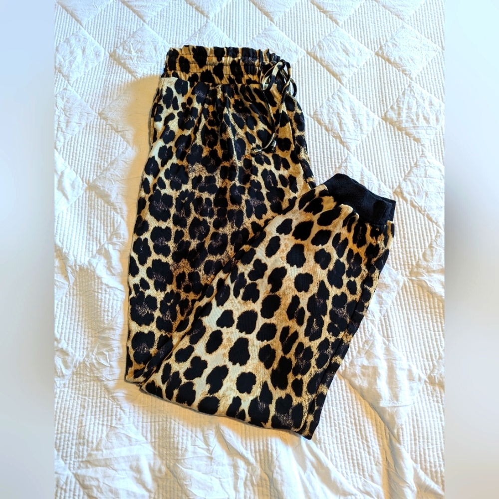 Zara Leopard Print Track Pants in Black and Tan
